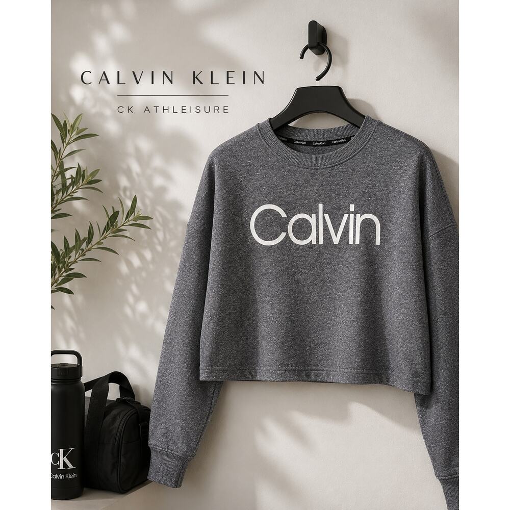 Calvin Klein Gray Logo Cropped Sweatshirt Medium Cozy Minimalist Pullover
